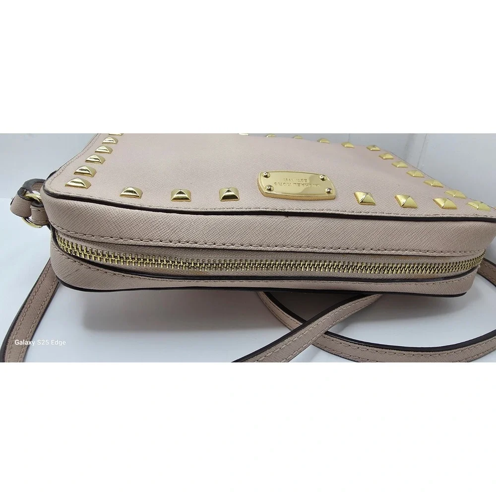 Michael Kors Pink Saffiano Leather Studded Crossbody Bag Gold Tone Hardware
